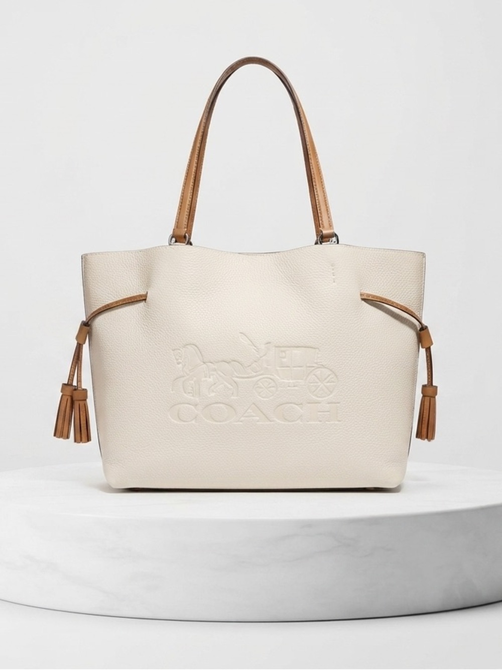 Coach White Pebbled Leather Tote with Tan Handles